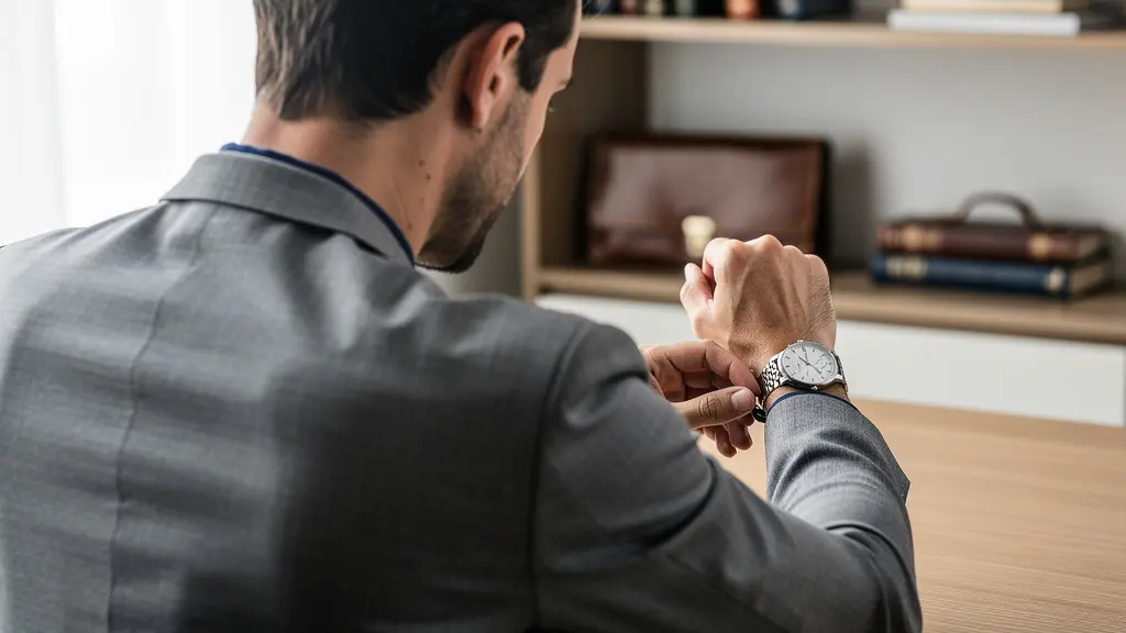 Collector examining luxury watch on wrist in home office setting with natural window light