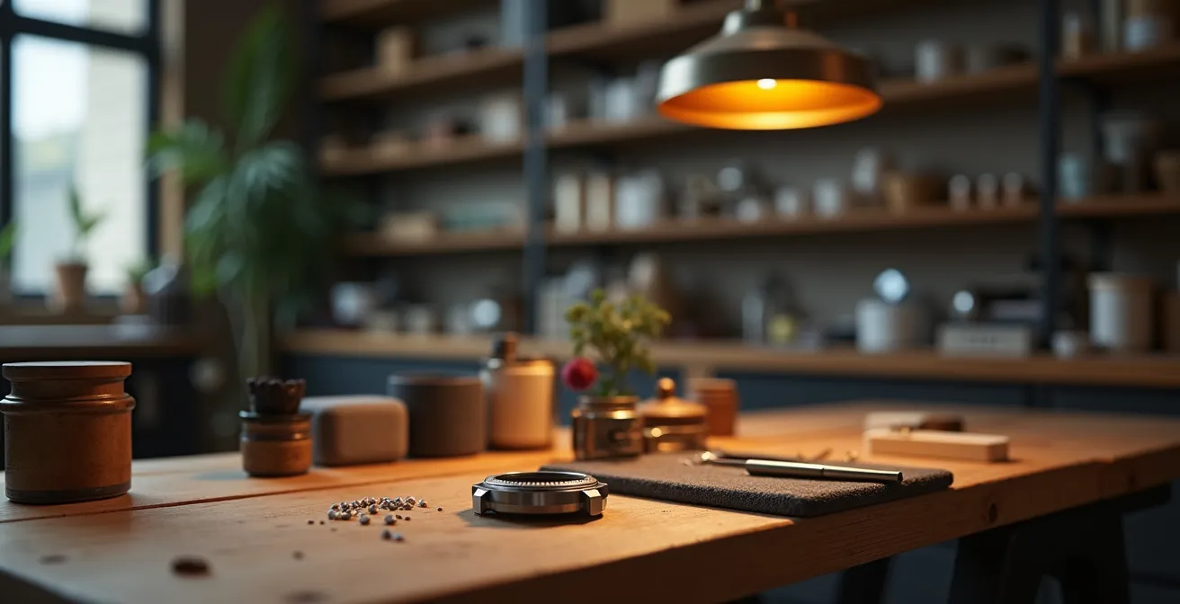 A wide shot of a minimalist jeweler's workbench with a single disassembled luxury watch case and scattered tools, evoking the irreversible nature of unauthorized modification.