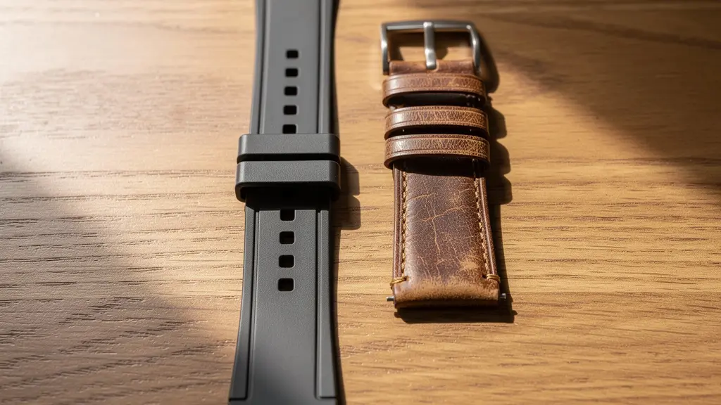Premium FKM rubber strap alongside aged leather strap showing material texture contrast