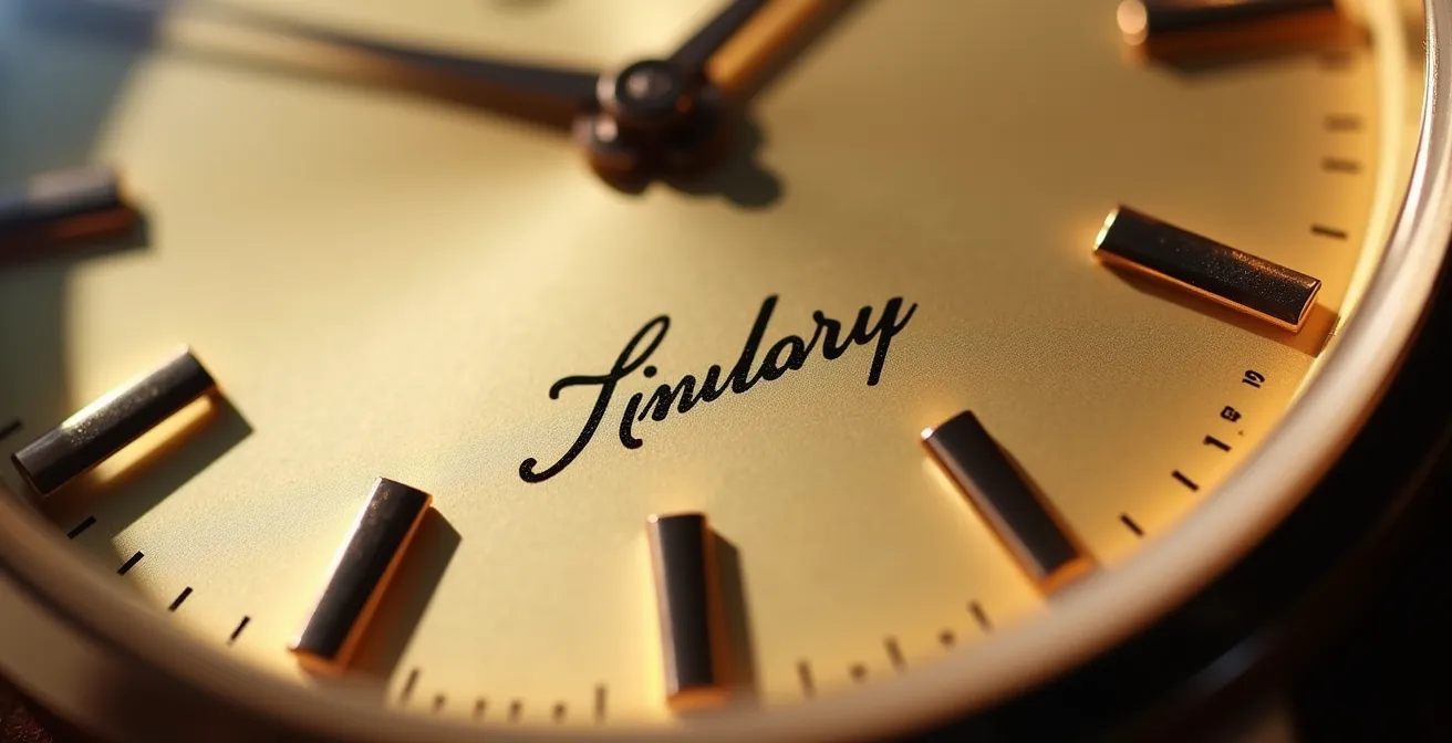 Extreme close-up of a vintage luxury watch dial showing a cursive co-branded signature above the six o'clock position, emphasizing provenance and craftsmanship detail.