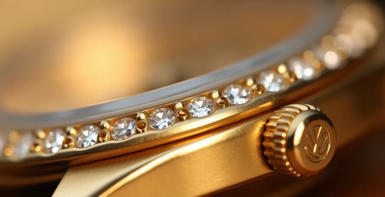 Extreme close-up macro photograph showing the precise diamond setting on a luxury watch bezel with visible micro-textures of gold metal
