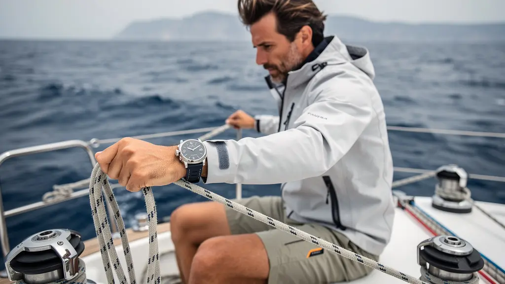 Panerai watch visible on wrist during sailing showing rubber strap durability in active use