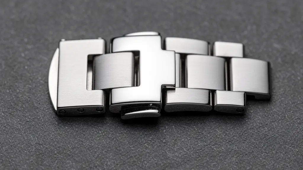 Polished stainless steel watch clasp mechanism showing precision finishing and brushed surface contrast