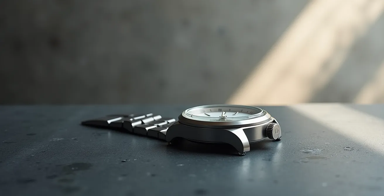 An unmodified luxury steel watch displayed on a dark minimal surface with soft natural light emphasizing its pristine original condition