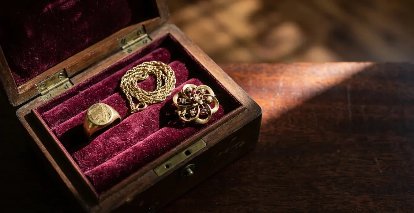 Elegant display of 18-karat gold heirloom jewelry pieces showing warm golden patina against velvet backdrop