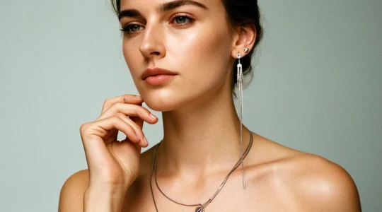 Elegant woman wearing mismatched jewelry against minimalist background