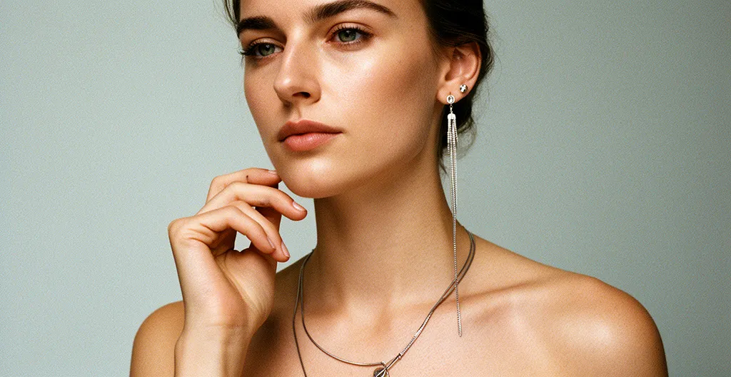 Elegant woman wearing mismatched jewelry against minimalist background