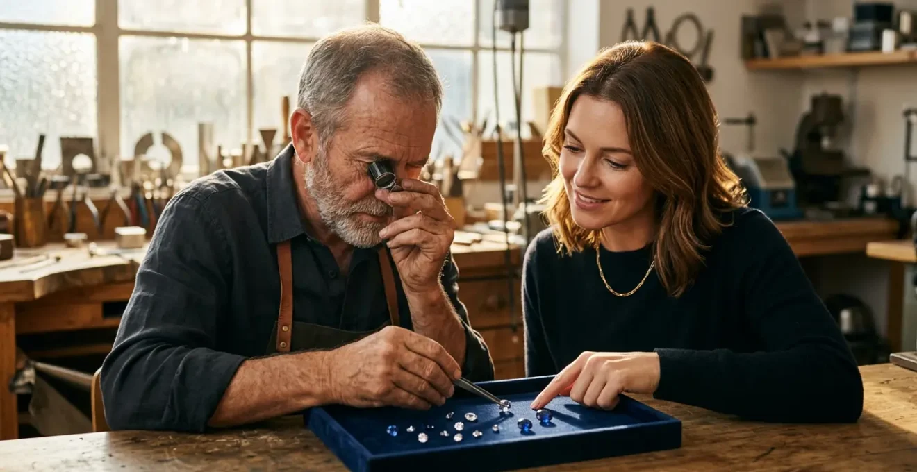 Master jeweler examining gemstones with client during bespoke jewelry consultation