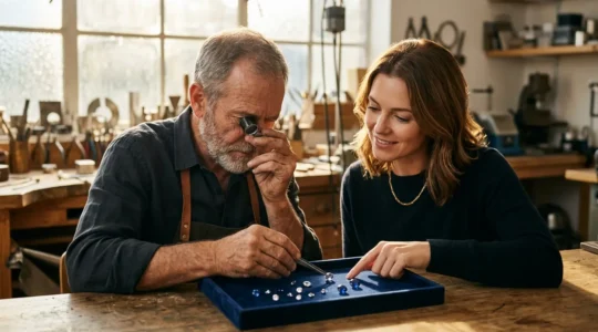 Master jeweler examining gemstones with client during bespoke jewelry consultation