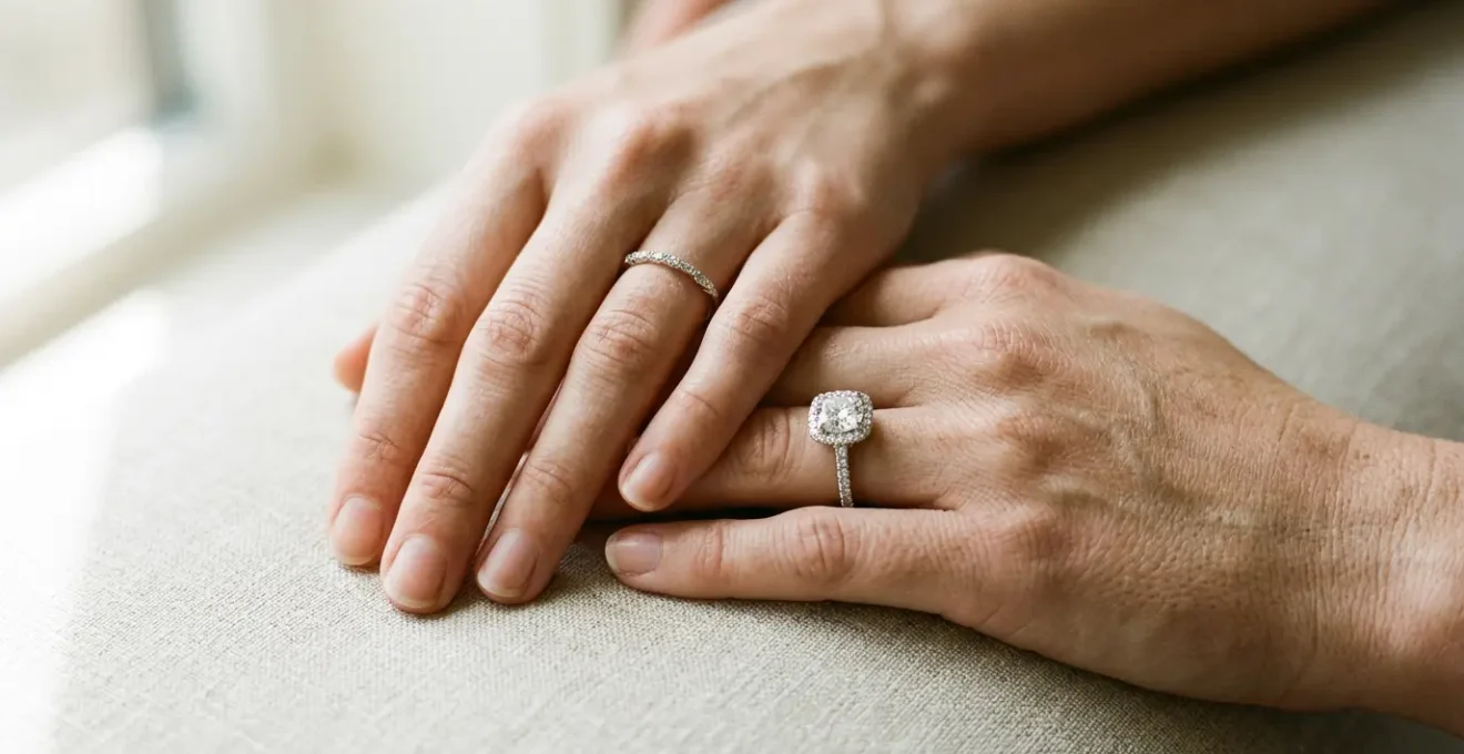 Close-up of two hands holding different ring styles representing promise and engagement