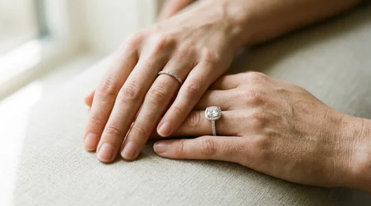 Close-up of two hands holding different ring styles representing promise and engagement