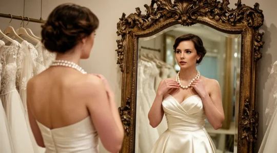 Bride examining jewelry pieces against wedding dress neckline in natural light