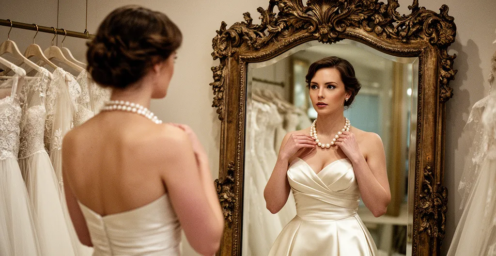 Bride examining jewelry pieces against wedding dress neckline in natural light