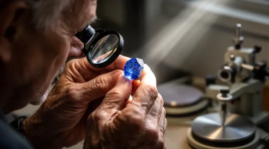 Master gemcutter examining damaged sapphire through loupe with precision tools