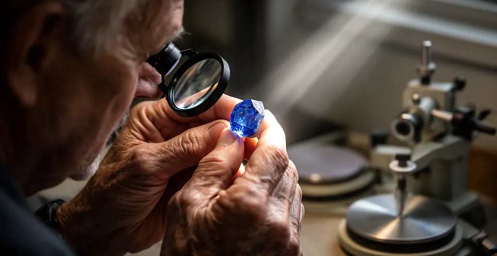 Master gemcutter examining damaged sapphire through loupe with precision tools