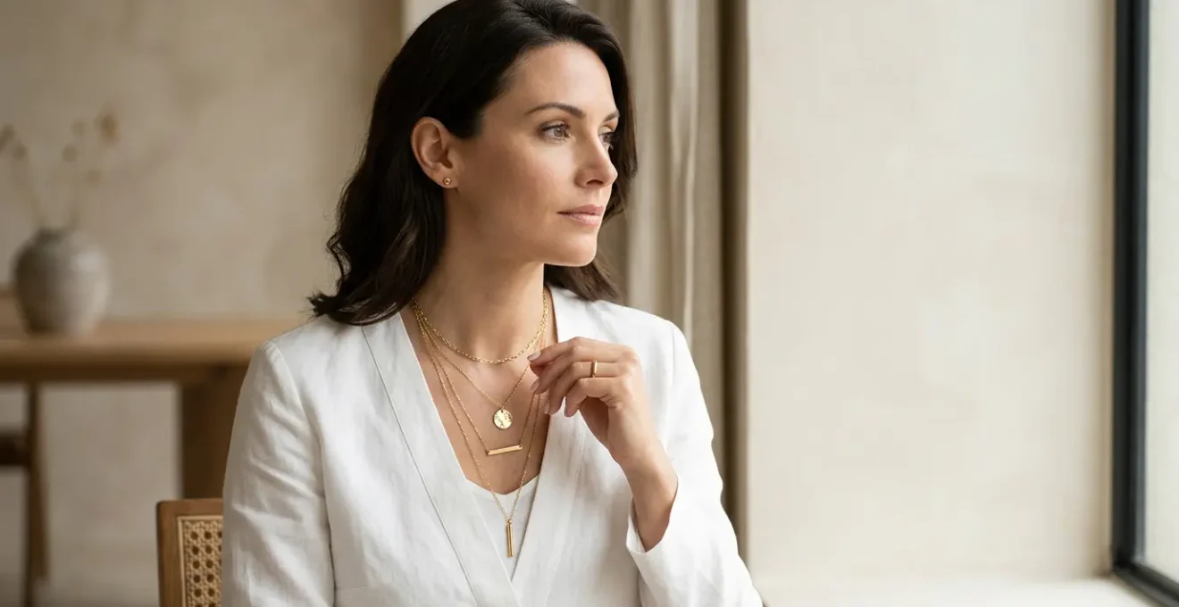 Woman elegantly showcasing multiple necklaces at different lengths against various necklines