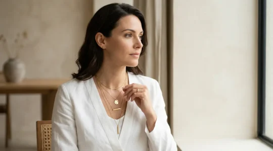 Woman elegantly showcasing multiple necklaces at different lengths against various necklines