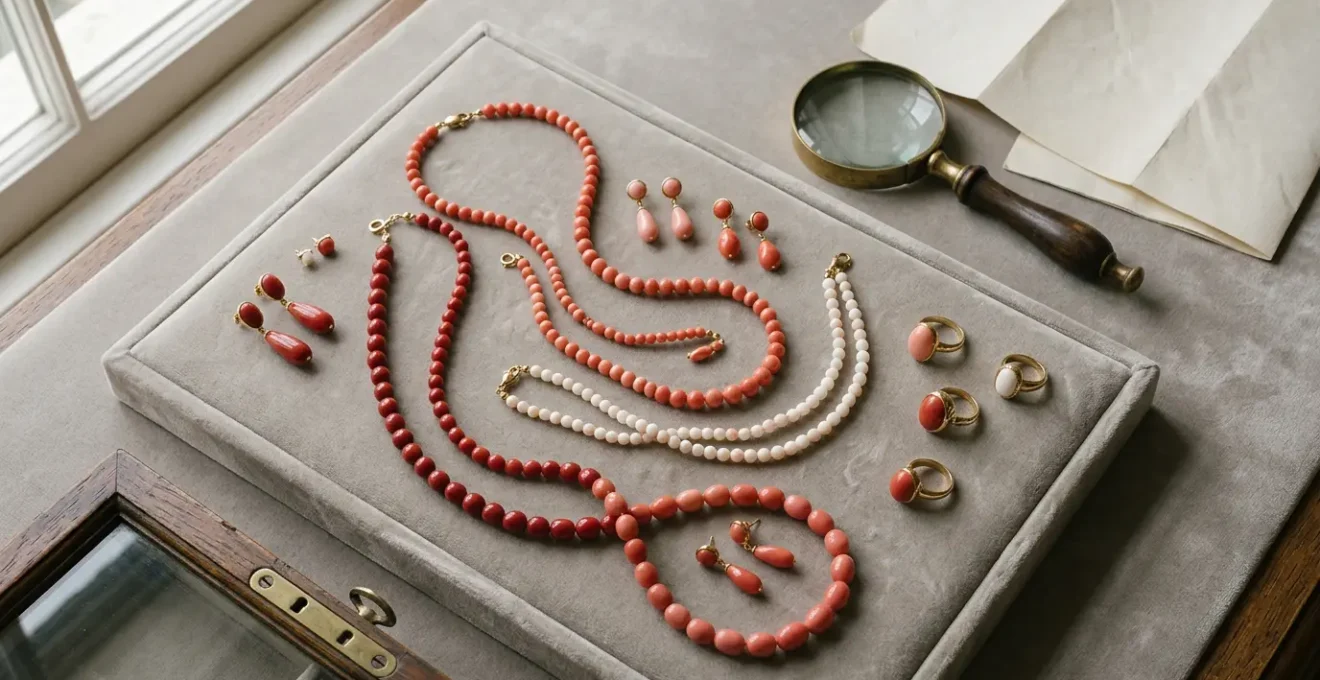 Antique coral jewelry collection displayed with legal documents and certifications