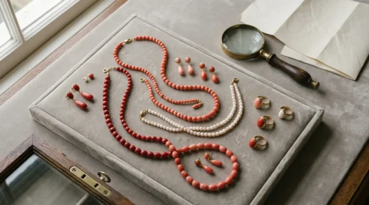 Antique coral jewelry collection displayed with legal documents and certifications