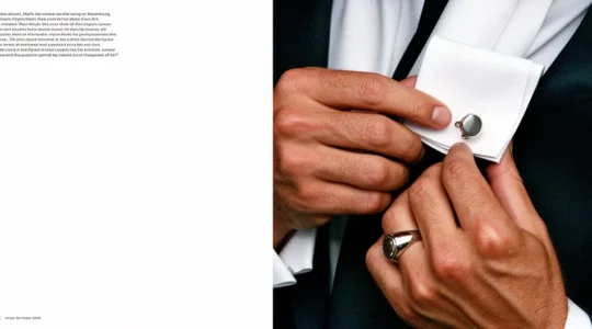 Professional man adjusting silver cufflinks in modern office setting