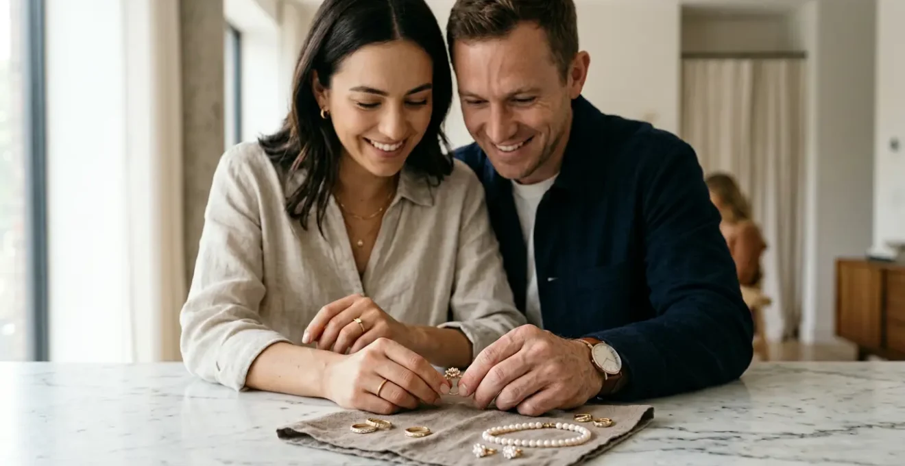 Modern couple examining shared jewelry pieces in natural light setting