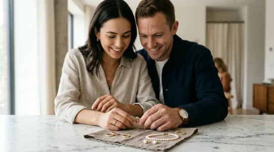 Modern couple examining shared jewelry pieces in natural light setting