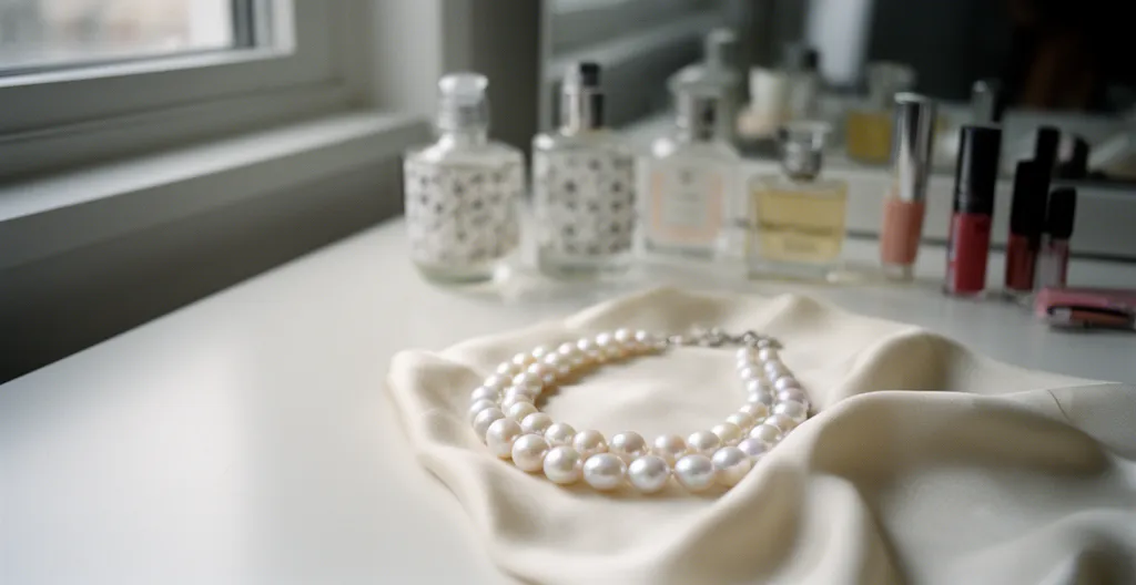 Cultured pearls being carefully protected from perfume application with proper care techniques