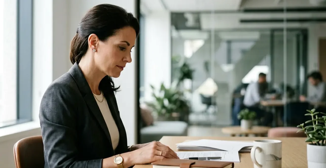 Close-up of professional woman wearing subtle diamond stud earrings in modern office setting