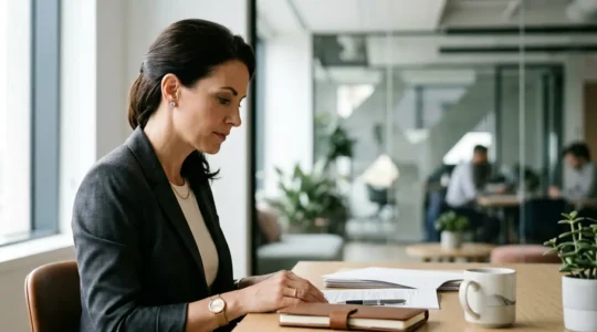 Close-up of professional woman wearing subtle diamond stud earrings in modern office setting