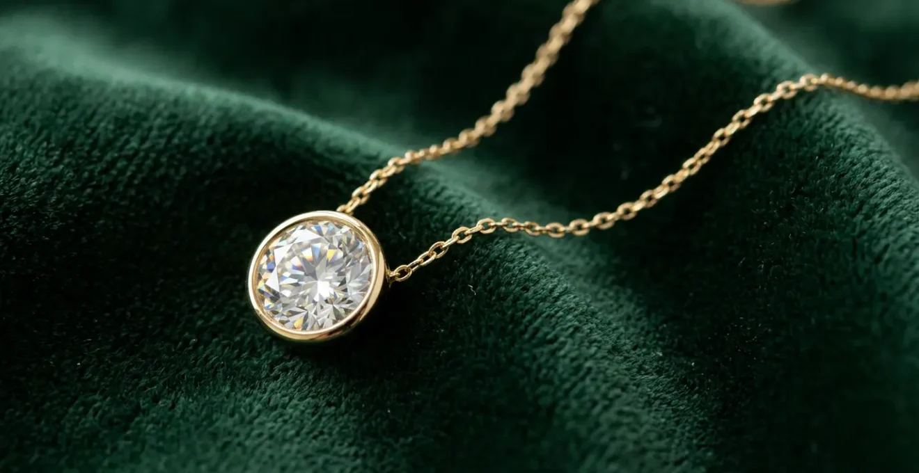 Diamond pendant on a delicate gold chain against luxurious fabric background