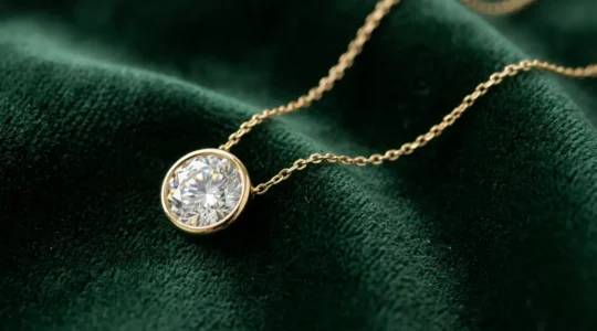 Diamond pendant on a delicate gold chain against luxurious fabric background