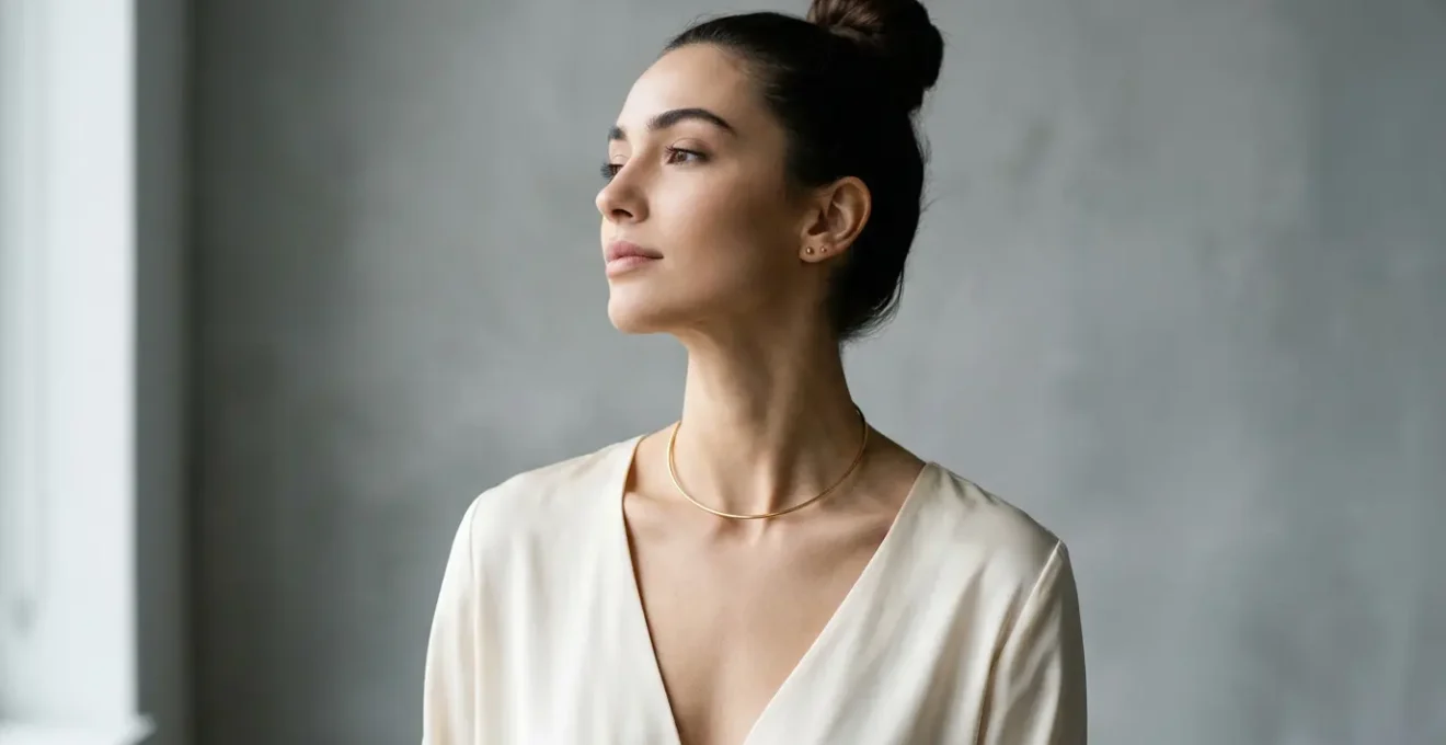 Fashion model demonstrating neck elongation with strategic choker placement