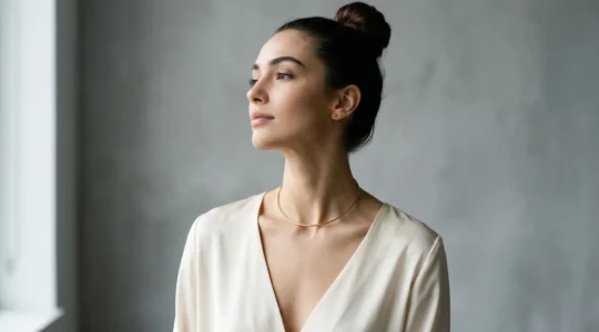 Fashion model demonstrating neck elongation with strategic choker placement