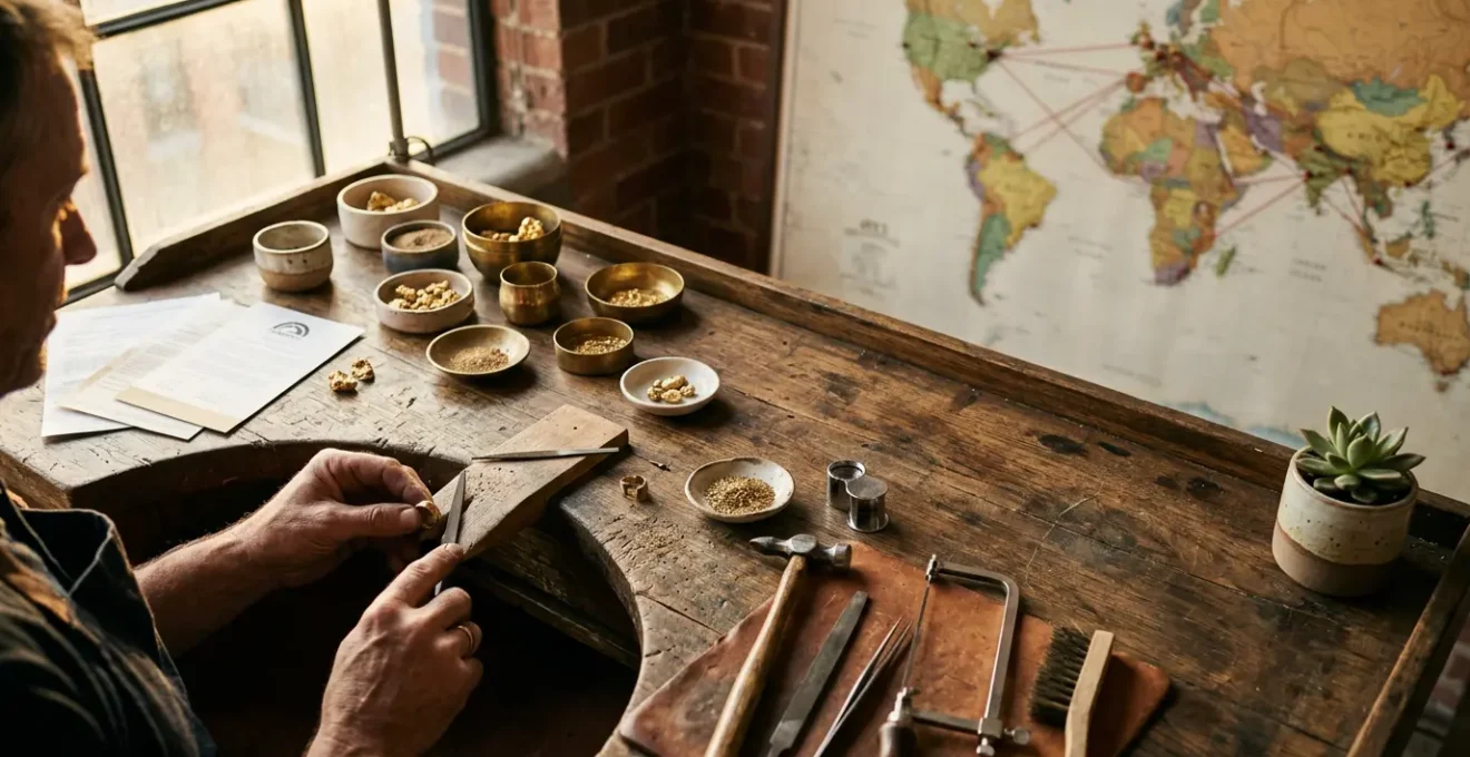 Artisan jeweler examining gold pieces in natural workshop lighting