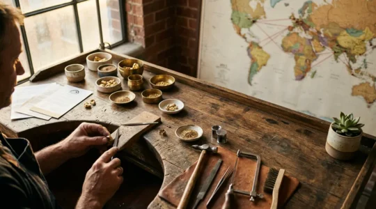 Artisan jeweler examining gold pieces in natural workshop lighting