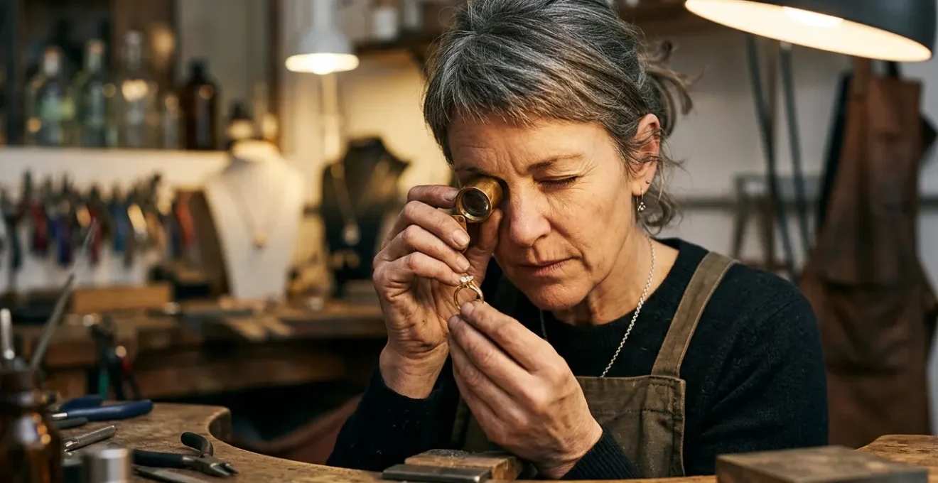 Professional jeweler inspecting ring under magnifying loupe with specialized lighting