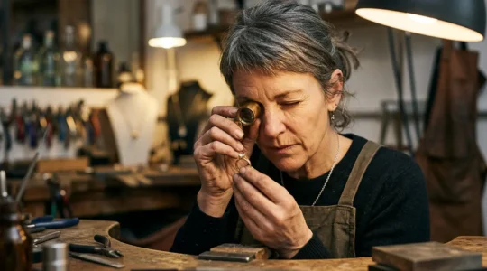 Professional jeweler inspecting ring under magnifying loupe with specialized lighting