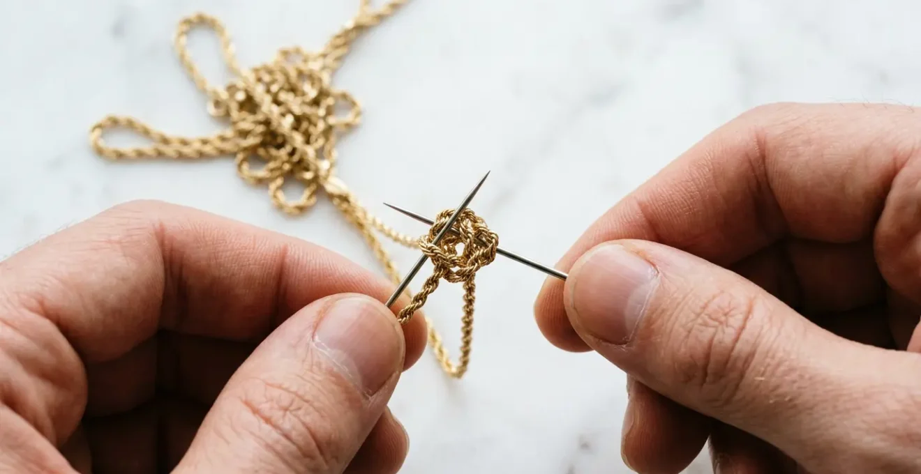 Close-up of delicate gold chain being carefully untangled with precision tools