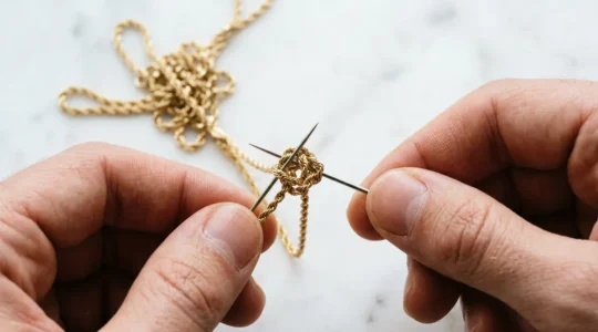 Close-up of delicate gold chain being carefully untangled with precision tools