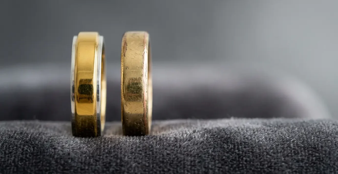 Elegant comparison of gold vermeil and gold plated jewelry pieces showcasing their visual and structural differences