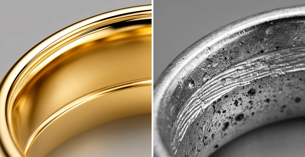Close-up comparison of hand-finished and mass-cast jewelry details showcasing craftsmanship differences