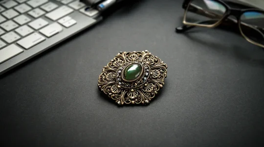 Vintage brooch being transformed on a jeweler's workbench with tools and modern design sketches