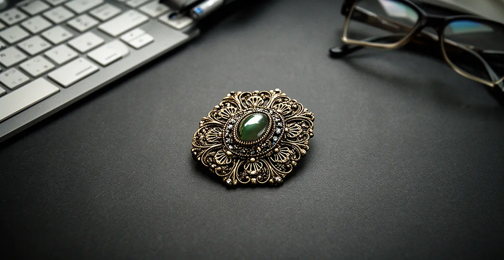 Vintage brooch being transformed on a jeweler's workbench with tools and modern design sketches