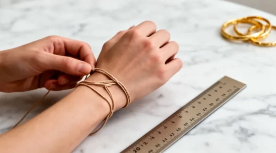Hands demonstrating string measurement technique for bangle sizing with measuring tape