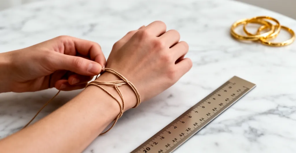 Hands demonstrating string measurement technique for bangle sizing with measuring tape