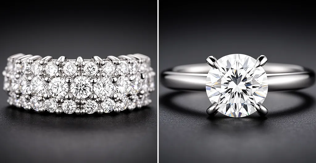 Close-up comparison of micro-pave and solitaire ring settings highlighting maintenance differences