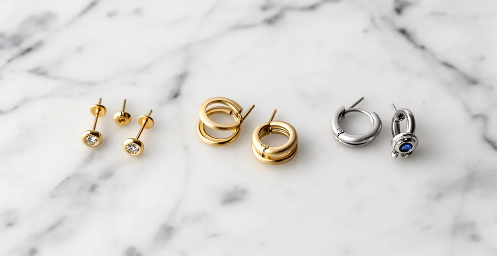 Artistic arrangement of asymmetric earrings creating a cohesive ear curation look