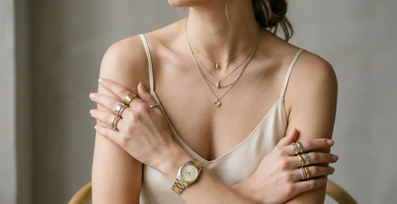 Elegant hands wearing mixed gold and silver jewelry with layered necklaces and stacked rings