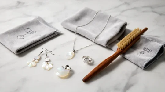 Professional editorial photograph showcasing mother-of-pearl jewelry care arrangement