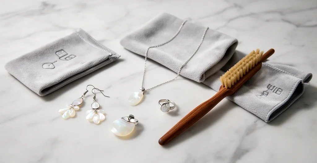 Professional editorial photograph showcasing mother-of-pearl jewelry care arrangement